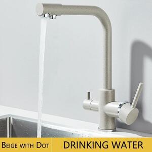 Rubinetto da cucina con filtro per acqua potabile - Rubinetto per lavello - Doppio beccuccio girevole - Rotazione a 360° - Acqua calda e fredda - Ottone - Beige con puntini