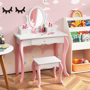 Set da toeletta per bambini GOPLUS con sgabello, raffinato tavolino da toeletta con specchio girevole a 360° e 3 cassetti, tavolino da toeletta in stile principessa, comò da trucco per bambine (bianco)