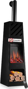 Camino da esterno elettrico Kai con canna fumaria - Stufa da esterno elettrica con sistema di riscaldamento, effetto fiamma 3D, vano per legna, illuminazione LED d'ambiente, telecomando (extra-large)
