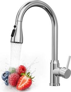 Rubinetto da cucina color argento, acciaio inossidabile 304 per uso alimentare, bocca girevole a 360° con sistema a doppio tubo per acqua calda e fredda, attacchi standard tedeschi