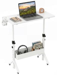 Costway Scrivania mobile in piedi regolabile 70-117 cm ruote bloccabili, Tavolo per laptop 80x40 cm con portabicchieri e cestino Bianco