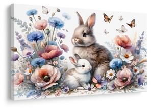Quadro su tela – Coniglietti in giardino primaverile in fiore