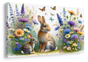 Quadro su tela – Coniglietti su prato fiorito di primavera