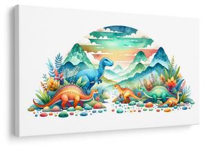 Quadro su tela – Dinosauri colorati tra le montagne