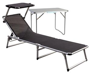 Sedia da giardino in alluminio nera con tettoia, dimensioni L188 x P57 cm, inclusa una tavolino laterale