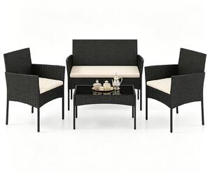 Set da giardino KOMFOTTEU, composto da 4 pezzi: un tavolino in vetro, 2 sedie e una panca. Set di sedute da esterno in rattan con struttura in metallo, dotato di cuscini imbottiti. Ideale per terrazzi, balconi, giardini e piscine