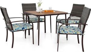 Set di mobili da giardino con tavolo e sedie, 1 tavolo con foro per ombrellone, con comodi cuscini, piedini regolabili, tavolo e sedie in rattan