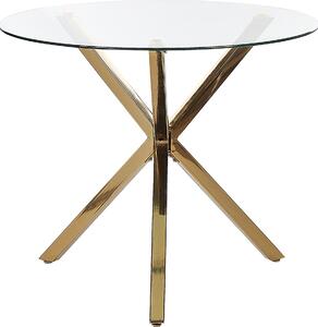 Tavolo da pranzo rotondo BELIANI, diametro 90 cm, con piano in vetro temperato trasparente e base a croce in ferro dorato con protezioni. Design moderno ed elegante per la sala da pranzo