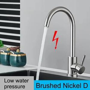 Miscelatore monocomando per lavello, adatto per bassa pressione, con bocca girevole a 360°, doccetta estraibile, controllo separato per acqua calda e fredda, in acciaio inossidabile con finitura in nichel spazzolato. Marca: DY D