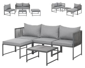 SVITA DETROIT Set di mobili da giardino in polyrattan Lounge Divano angolare modulare Chaise longue Tavolo Flessibile come divano a 3 posti o poltrona a 2 posti Cuscini inclusi Grigio
