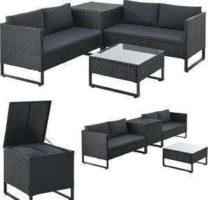 Juskys lounge Santorini in polyrattan - seduta con tavolino e scatola di cuscini - nero