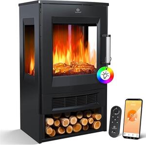 Camino elettrico con riscaldamento, finestra panoramica, ventola riscaldante, effetto fiamma LED con 9 modalità di colore, telecomando, app WiFi, potenza 900/1800W. Camino elettrico con termostato, funzione di riscaldamento e timer