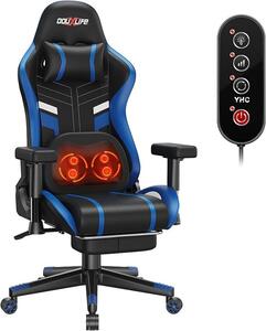 Sedia da gaming con massaggio a vibrazione, sedia da ufficio ergonomica con poggiapiedi, funzione riscaldante, regolabile da 90° a 175°, braccioli 2D rinforzati, capacità di carico fino a 180 kg, poltrona da gaming per PC, colore blu