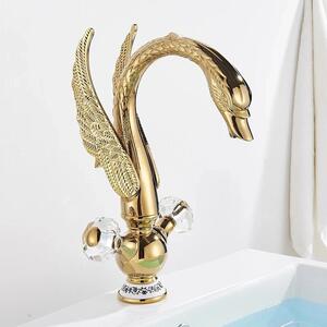 Rubinetteria da bagno in stile europeo - Miscelatore per lavabo - Montaggio su piano - Monoforo - Ottone - Miscelatore a due maniglie per acqua calda e fredda - Manopole in cristallo - Base in porcellana bianco e blu - Finitura dorata