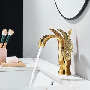 Miscelatore monocomando per lavabo a forma di cigno – Rubinetto da bagno monocomando – Miscelatore per acqua calda e fredda – Montaggio a incasso, foro singolo – Modello basso, finitura oro