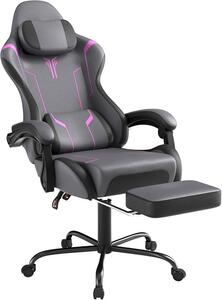 Sedia da gaming, sedia da ufficio ergonomica con cuscino lombare massaggiante e poggiatesta, poltrona da gaming inPoliuretanocon poggiapiedi, regolabile in altezza, sedia per PC con capacità di carico di 135 kg, grigio - viola