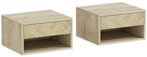 Set di 2 Comodini Sospesi Moderni 37x32x21 cm con Cassetto e Vano Aperto in Melamina Legno Naturale