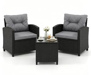 Set da giardino in rattan KOMFOTTEU, composto da 3 pezzi, ideale per terrazzi, balconi e piscine. Include un set di mobili da esterno con tavolo in vetro temperato e 2 poltrone con braccioli. Cuscini grigi inclusi