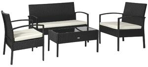 Outsunny Set Mobili da Giardino in Rattan Sintetico Composto da 1 tavolino 2 poltrone e 1 divano a 2 posti Nero e Crema|Aosom