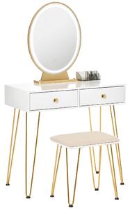 HOMCOM Specchiera Trucco Luci a LED Regolabili in Stile Industriale Tavolo per Trucco con Sgabello Mobile Toeletta Bianco