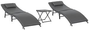 Outsunny Set 2 Lettini da Giardino in Rattan con Cuscini Rimovibili Lavabili e Tavolino Pieghevole, Sdrai da Giaridno, Grigio|Aosom
