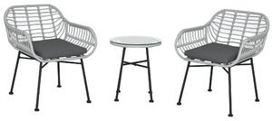Outsunny Salotto da Esterno 3 Pezzi in Rattan PE, Set con 2 Sedie e Tavolino Vetro, Ideale per Terrazza e Bistrò - Grigio|Aosom