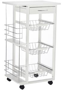 HOMCOM Carrello da Cucina con Cassetto, 3 Cesti Estraibili e 4 Ruote in Legno di Pino e Metallo, Bianco|Aosom
