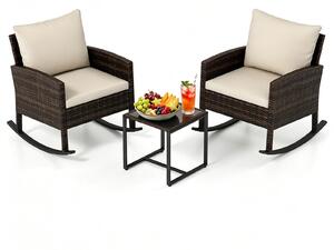 Set da giardino KOMFOTTEU, composto da 3 pezzi: 2 poltrone a dondolo in rattan con tavolino, set da salotto per esterni con struttura in metallo, cuscini imbottiti. Ideale per terrazzi, balconi, giardini e piscine