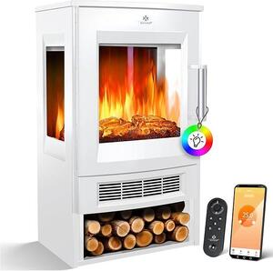 Camino elettrico con riscaldamento, finestra panoramica, ventola riscaldante, effetto fiamma LED con 9 modalità di colore, telecomando, app WiFi, potenza 900/1800W. Camino elettrico con termostato, funzione di riscaldamento e timer