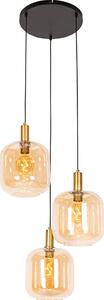 QAZQA - Lampada a sospensione di design I lampada a sospensione I lampada a sospensione nera con ottone e vetro marrone a 3 luci - Zuzanna I soggiorno I camera da letto - rotonda - LED adatto E27