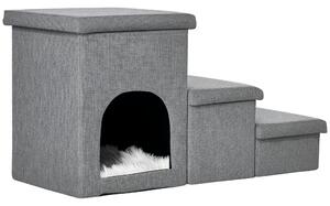 PawHut Scaletta per Cani e Gatti 10kg max a 3 Gradini con Casetta per Cani e Spazio Portaoggetti a Scomparsa, 73.5x33x40.5 cm, Grigio