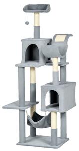 PawHut Albero per Gatti con Amaca, Lettino e 2 Casette, in Truciolato e Peluche, 55x49x177 cm, Grigio e Bianco|Aosom