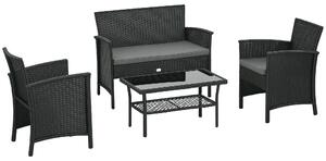 Outsunny Salotto da Esterno Rattan PE con Divanetto, 2 Poltrone con Cuscini e Tavolino in Vetro, Nero e Grigio|Aosom