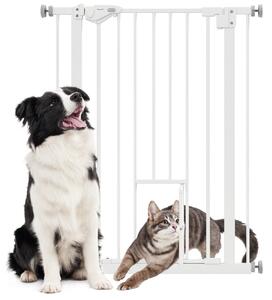PawHut Cancelletto per Cani con Porta Piccola, Montaggio a Pressione e Chiusura Automatica, 74-80x91.4cm, Bianco