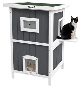 PawHut Cuccia per Gatti da Esterno in Legno a 2 Livelli con Tetto in Asfalto e 4 Porte, 60x60x90.5cm, Grigio|Aosom