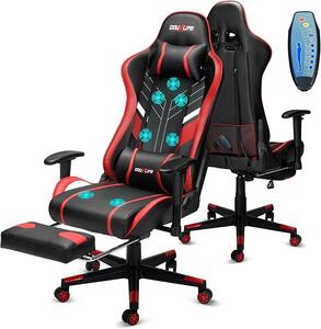 Sedia da gaming con massaggio a 7 punti, poggiapiedi, sedia ergonomica da ufficio, schienale regolabile da 90 a 175°, braccioli regolabili in 2 dimensioni, sedia da gaming per PC, sedia da scrivania, portata da 150-180 kg, colore nero e rosso
