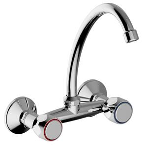 Schläfer 3431112 | Rubinetto Lavello Cucina a Muro con 2 Manopole Tonde, Canna Girevole Universale a J da 150mm e Aeratore a Risparmio Idrico, Finitura Cromata