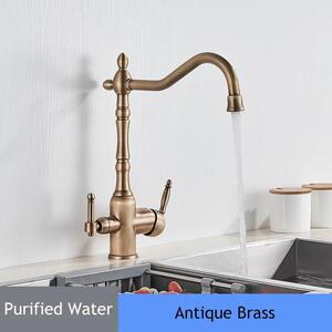 Rubinetto per acqua potabile da cucina - Rubinetto da cucina a 2 vie - Doppio beccuccio per acqua potabile - Girevole a 360° - Miscelatore acqua calda/fredda - Montaggio a foro singolo - Ottone anticato