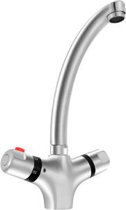 Miscelatore monocomando con termostato - Acqua calda e fredda - Ottone - Finitura lucida - Bocchetta girevole - Montaggio su piano con un foro