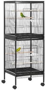 PawHut Gabbia Voliera per Uccelli per Interni con Ruote e Vassoi Estraibili, 51.5x50x140 cm, Nero
