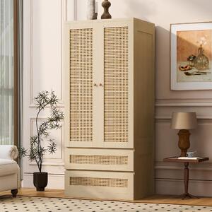 Armadio angolare a 2 ante, con 2 cassetti, in rattan. Armadio da ingresso con barra appendiabiti, dimensioni 70x55x170 cm, finitura naturale