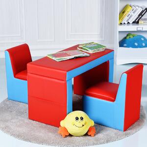 Costway Set tavolo e sedia multifunzionale per bambini, Divano poltrona per bambini in PVC e legno Rosso e blu