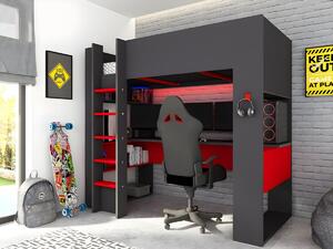 Letto a soppalco gamer + materasso + scrivania con LED e vani integrati 90 x 200 cm Antracite e Rosso - NOAH