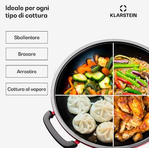 Klarstein Jersey - Padella wok, ghisa, smaltata, rotonda, due impugnature, coperchio, adatta a tutti i piani cottura e alla cottura in forno