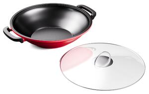 Klarstein Jersey - Padella wok, ghisa, smaltata, rotonda, due impugnature, coperchio, adatta a tutti i piani cottura e alla cottura in forno