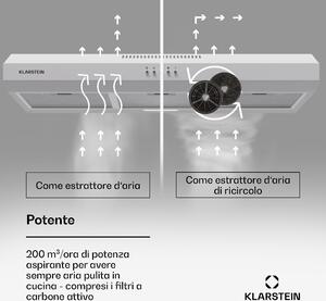 Klarstein Contempo 90 - Cappa aspirante sottopensile, 90 cm, 200 m3/ora, LED, acciaio inox, vetro acrilico