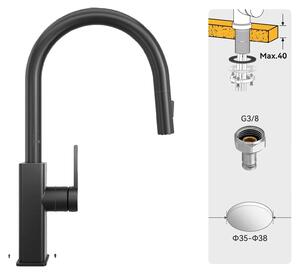 Rubinetto da cucina, con erogatore estraibile, miscelatore monocomando, colore nero, attacco G3/8