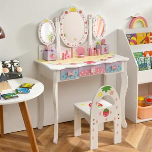 Costway Set toeletta con specchio tripartito per bambini, Set tavolo e sedia con 3 cassetti 2 scatole sgabello Bianco