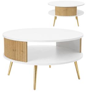 Tavolino EstiloHome TAKE GOLD, rotondo, 76 cm di diametro, bianco ed effetto legno "Artisan", con ripiano e gambe dorate