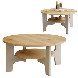 Tavolino EstiloHome MIZU S, forma rotonda, diametro 80 cm, finitura "Artisan" in legno di quercia e finitura "Cashmere", con ripiano e 2 livelli